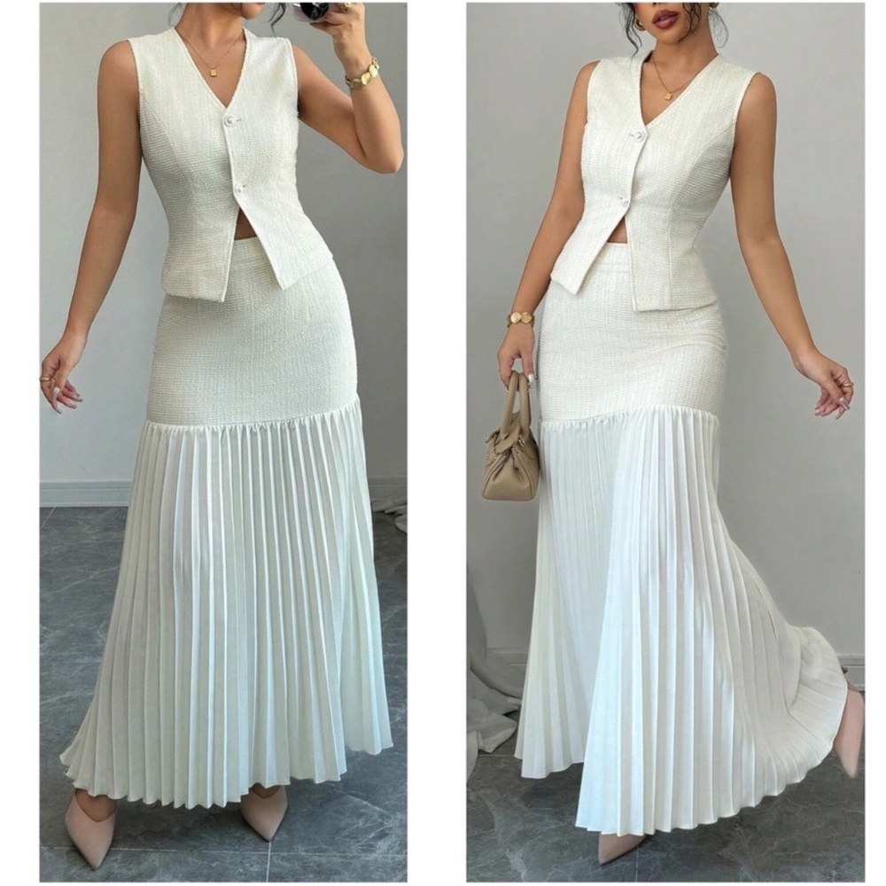 Classic Solid Botton Vest High Waisted Maxi Skirt Set S M L XL